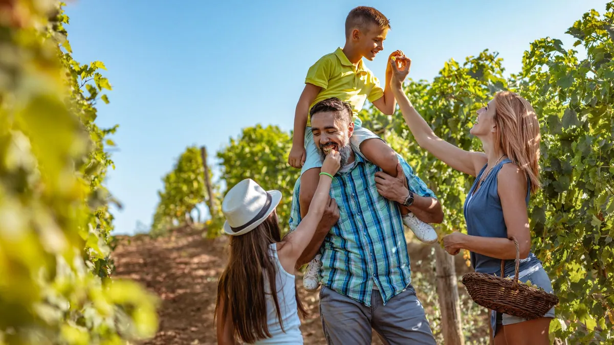 Unos padres levantan en brazos a su hijo entre viñas, la protección familiar del seguro de decesos en Huesca